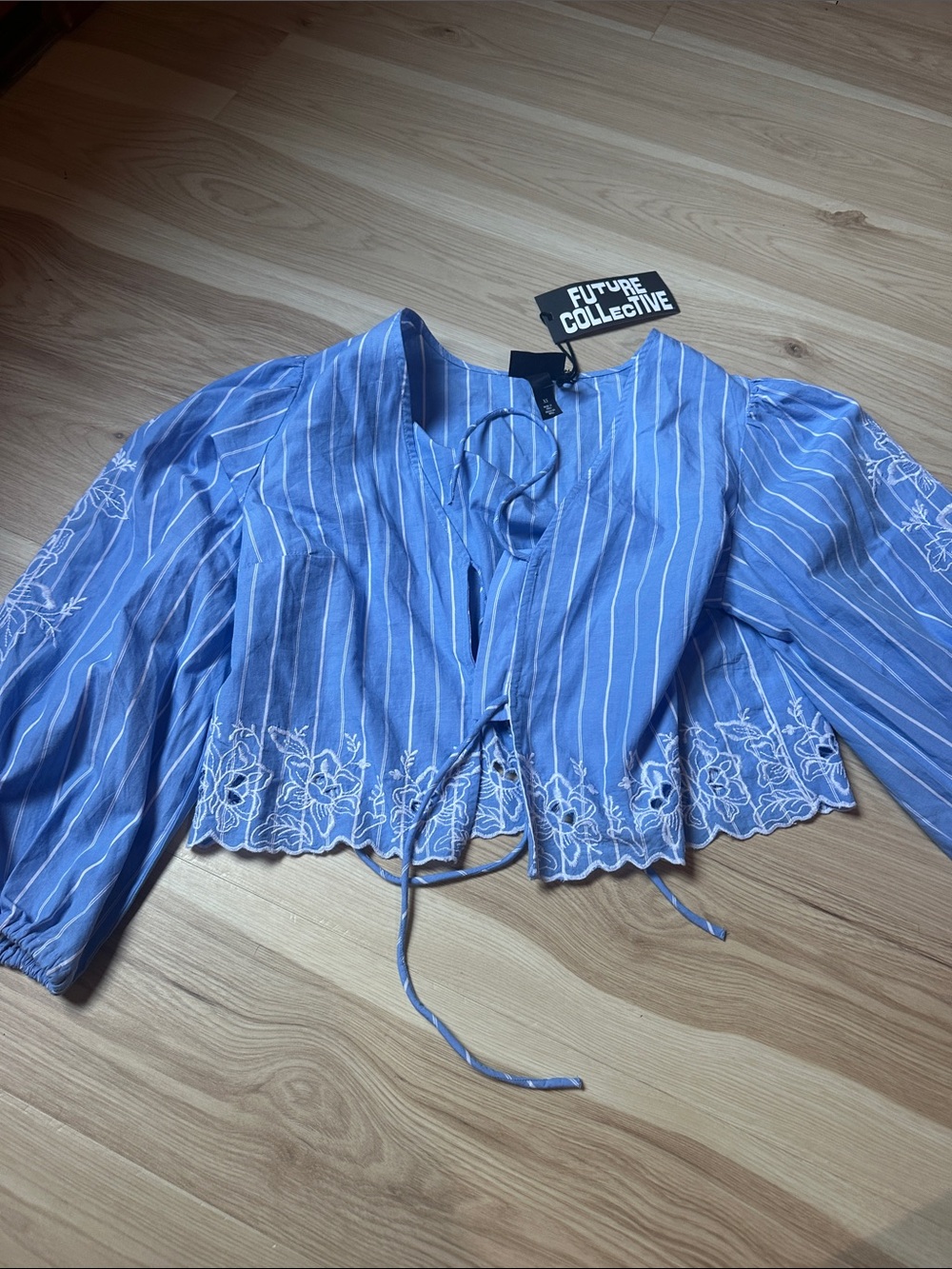 Future Collective Blue Striped Embroidered Tie-Front Blouse